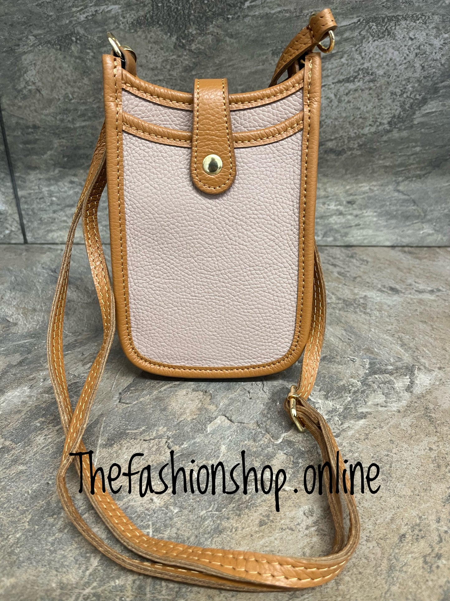 Sarah Tempest blush and tan leather crossbody bag