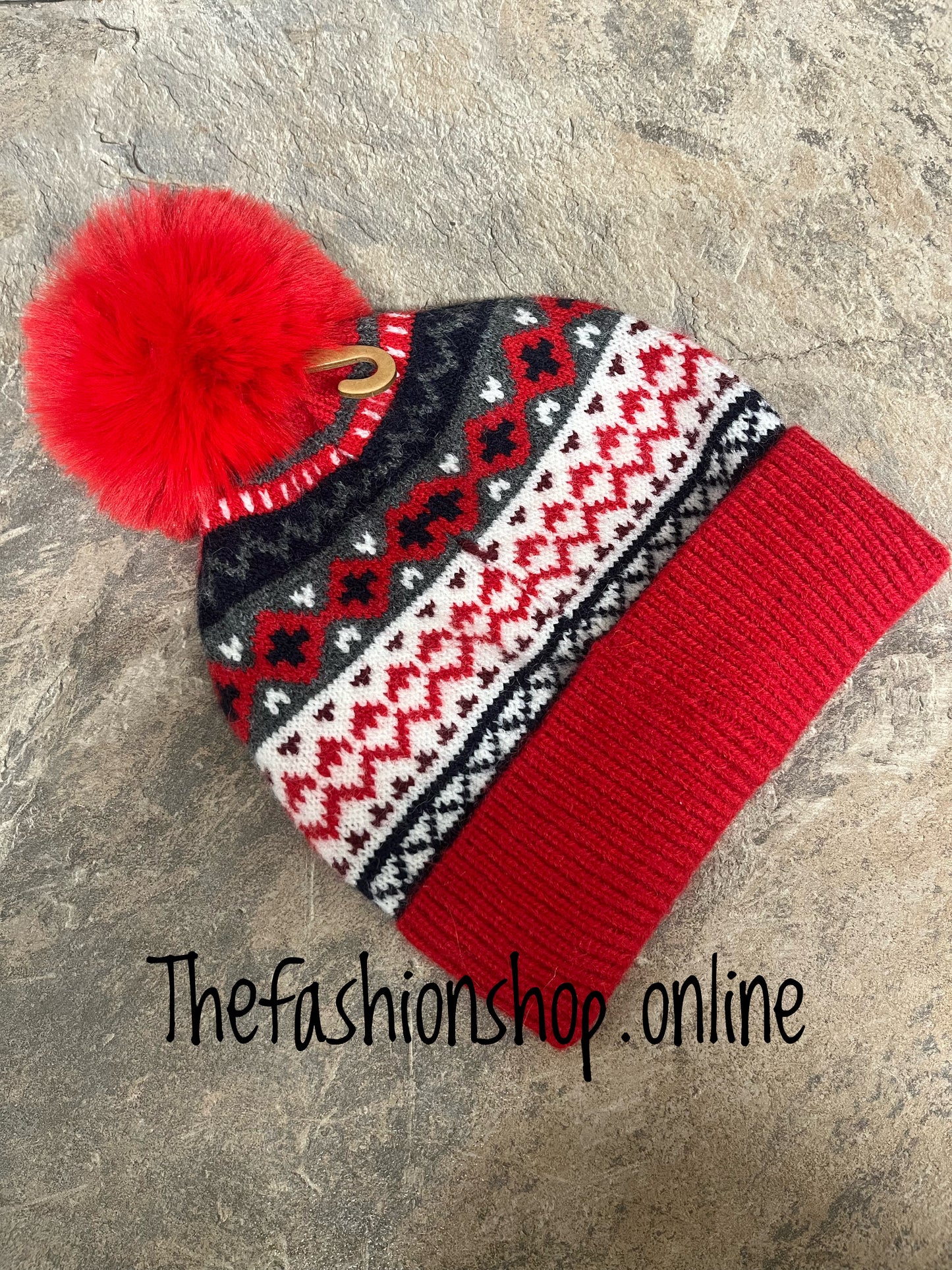 Red Nordic pompom hat