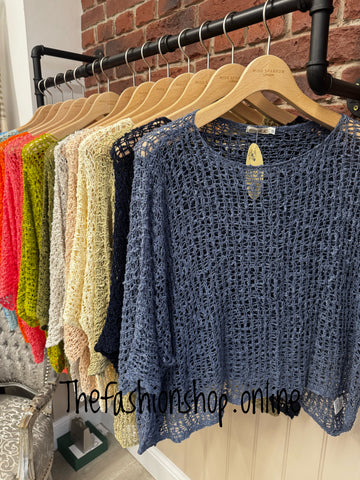 Denim blue popcorn open knit top 10-20