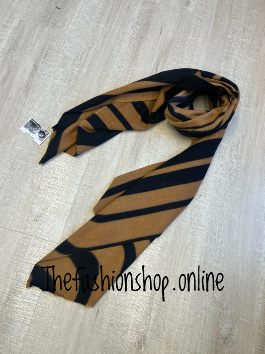 Camel and black printed wool mix scarf