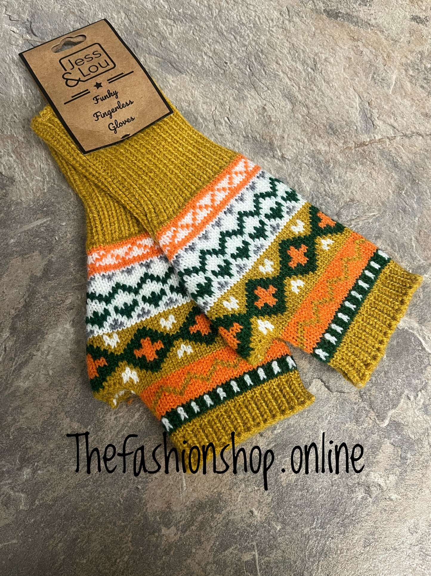 Mustard Nordic fingerless patterned gloves