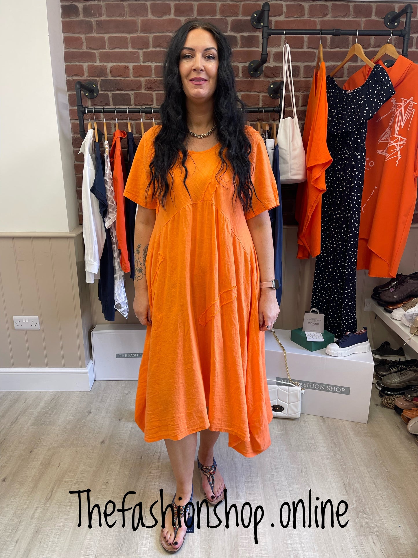 Orange linen dipped hem dress 8-18