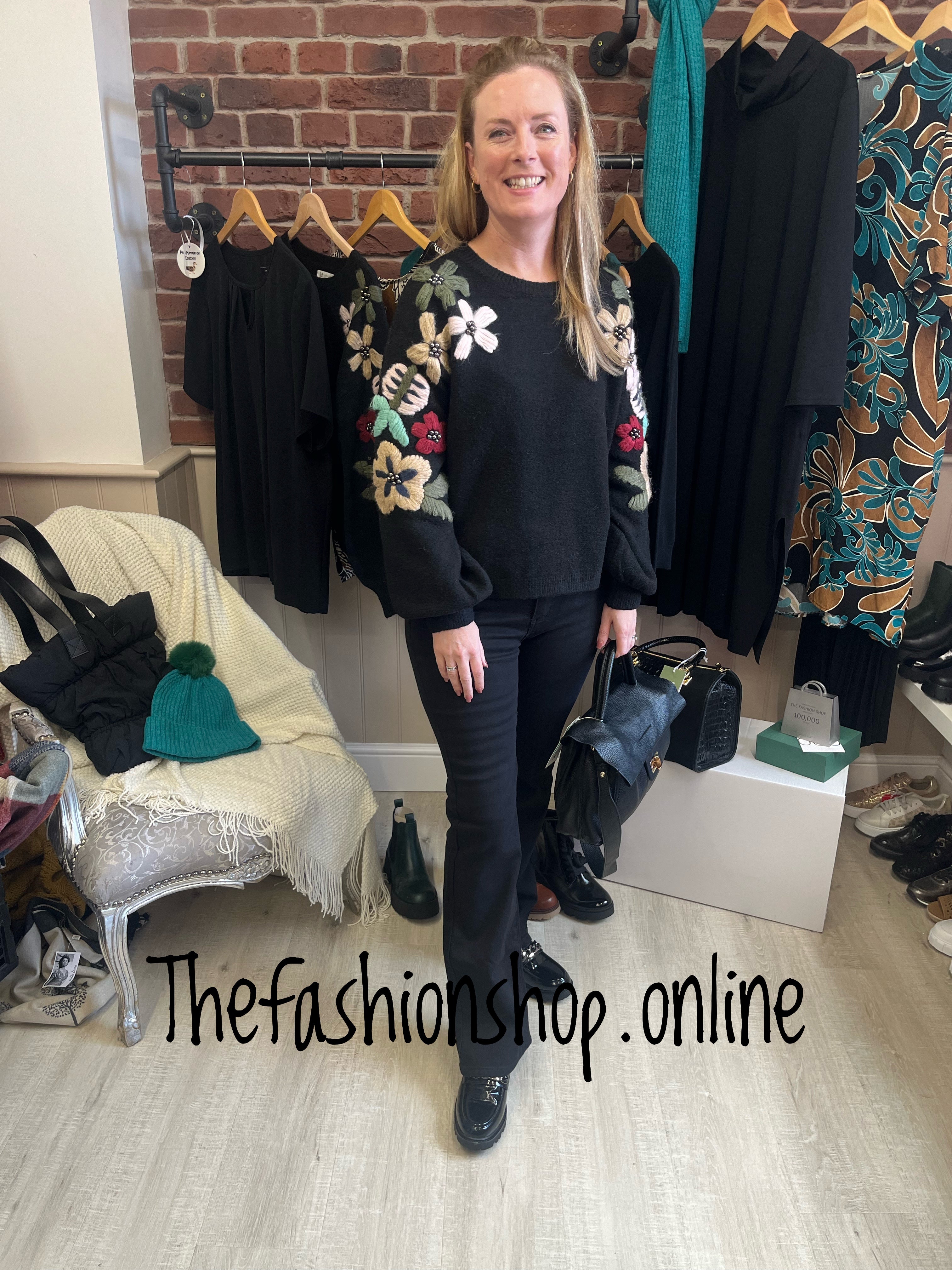 Holly black embroidered floral sleeve jumper 8 16 The Fashion Shop