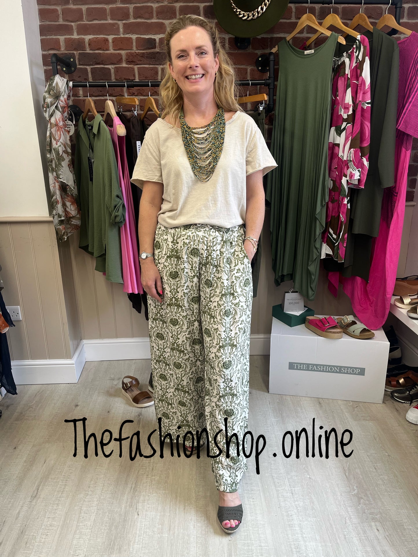 Khaki and cream Damask palazzo trousers 8-16