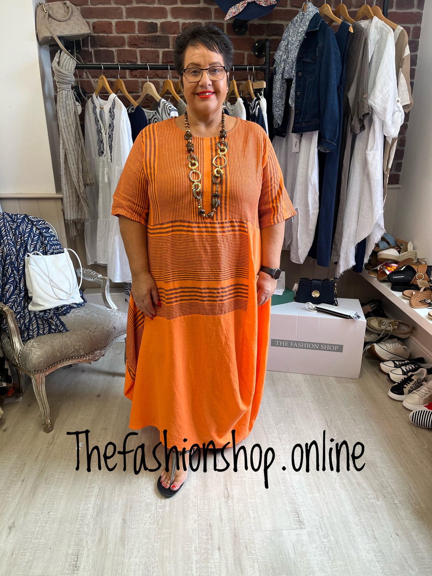 Orange Funky Striped Linen Dress 14-22