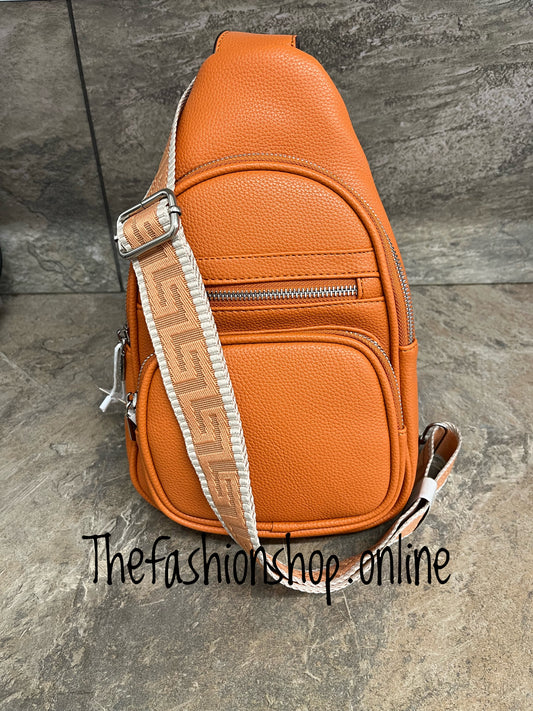 Orange multi zip sling bag