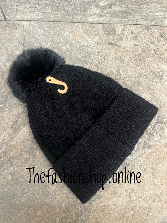 Black fine cable knit pompom hat