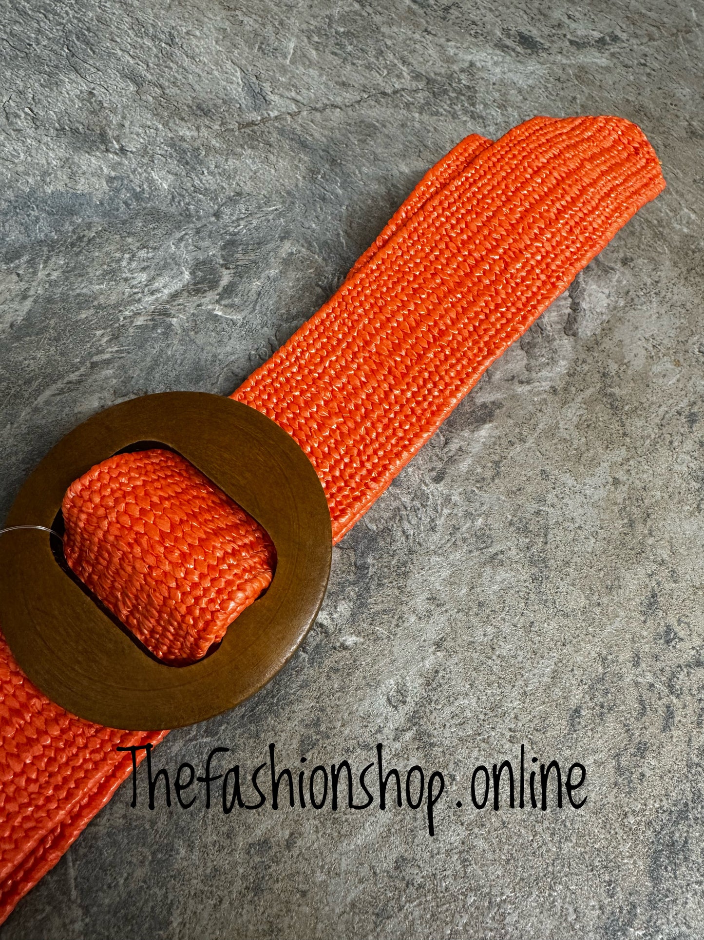 Orange rattan belt with wooden buckle