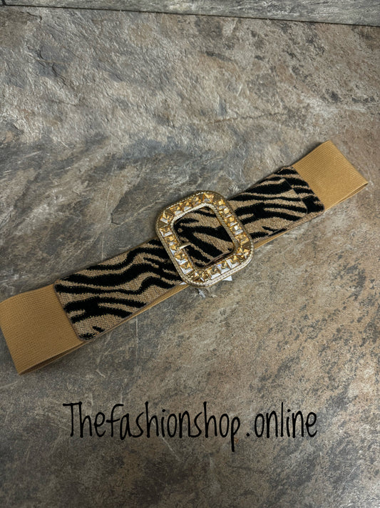 Camel tiger print elasticated belt