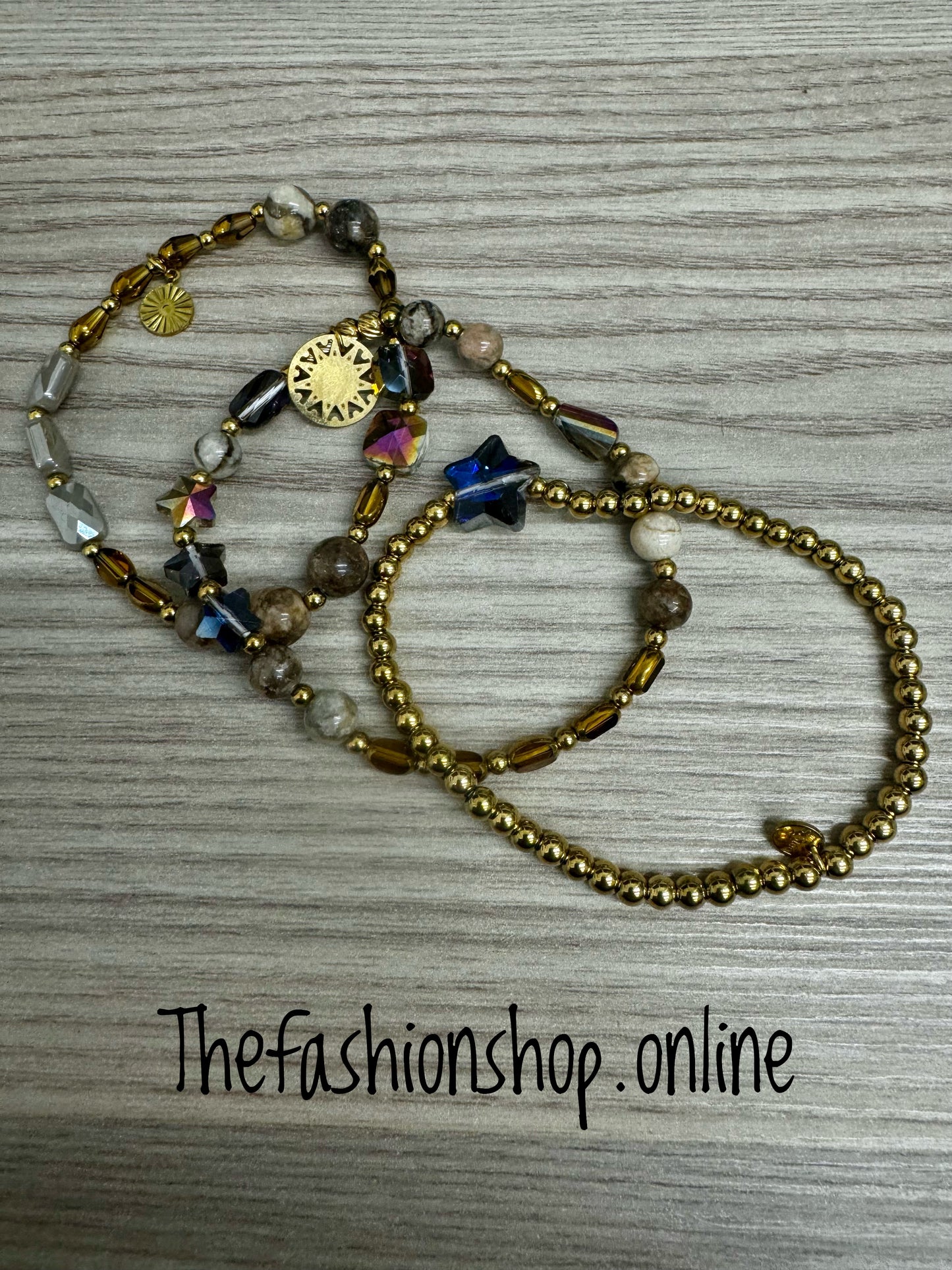 Gold triple beaded disc bracelet