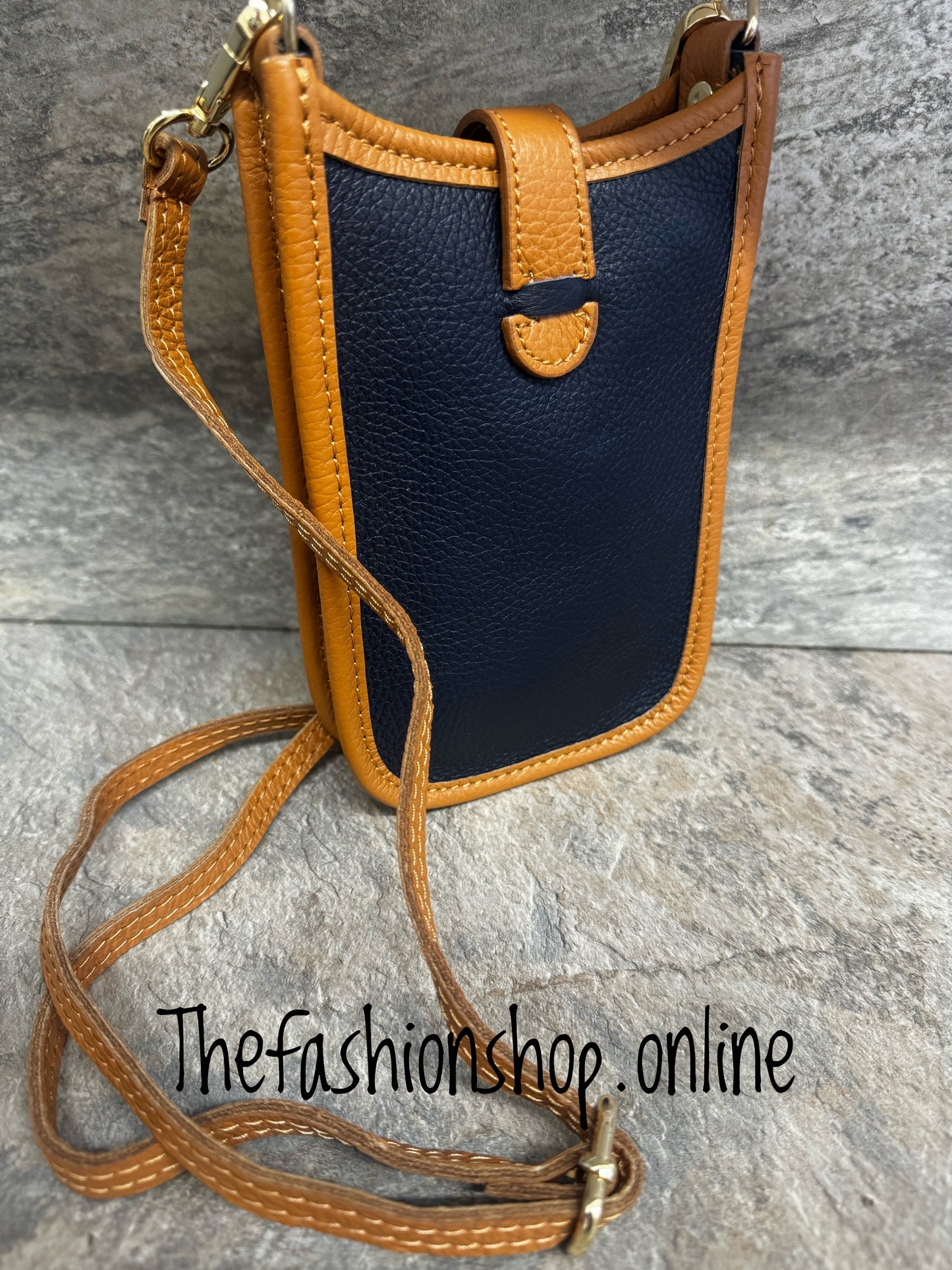 Sarah Tempest blue/black and tan leather crossbody bag