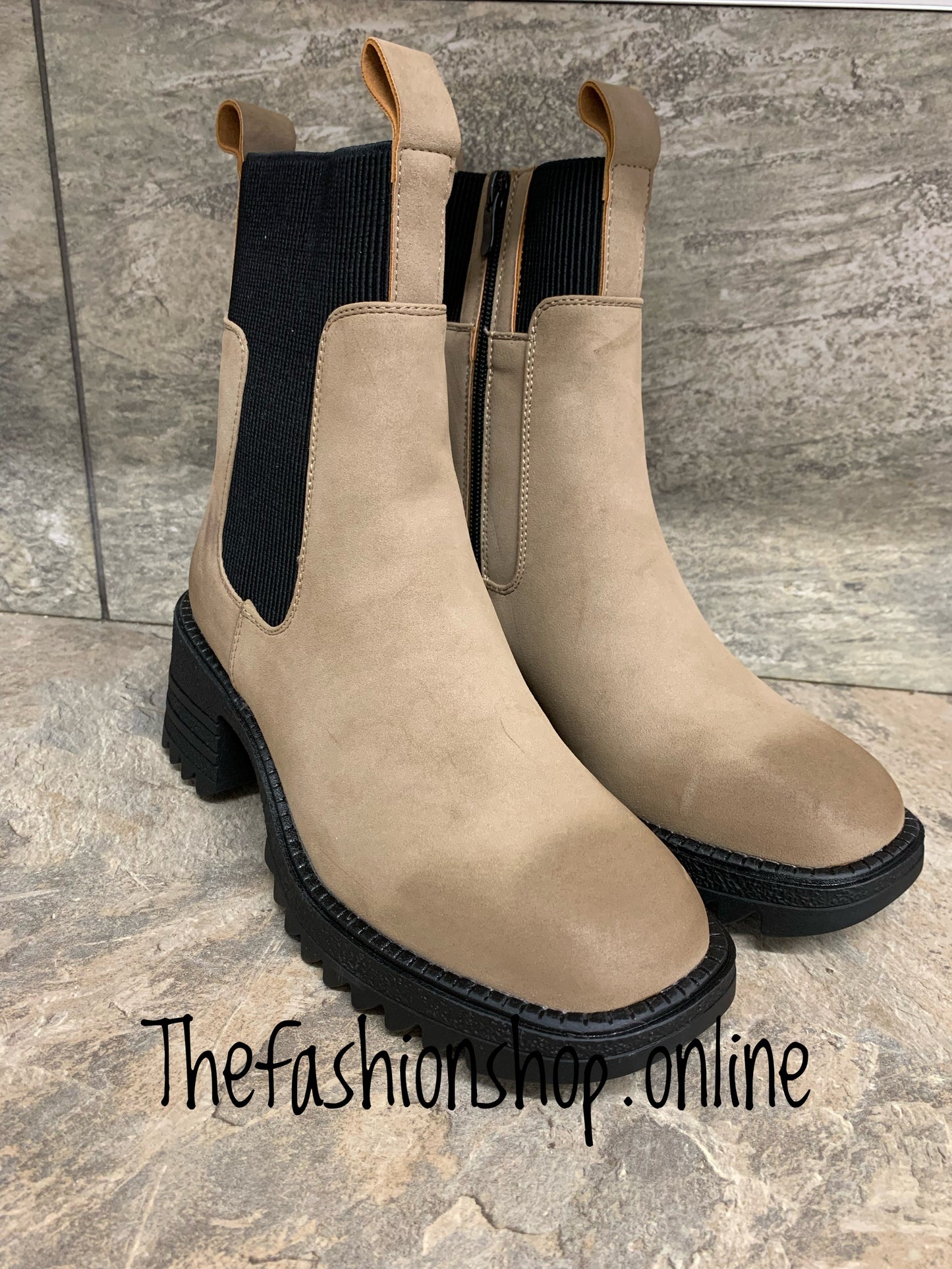 Camel chunky Chelsea boot with zip sizes 3-8