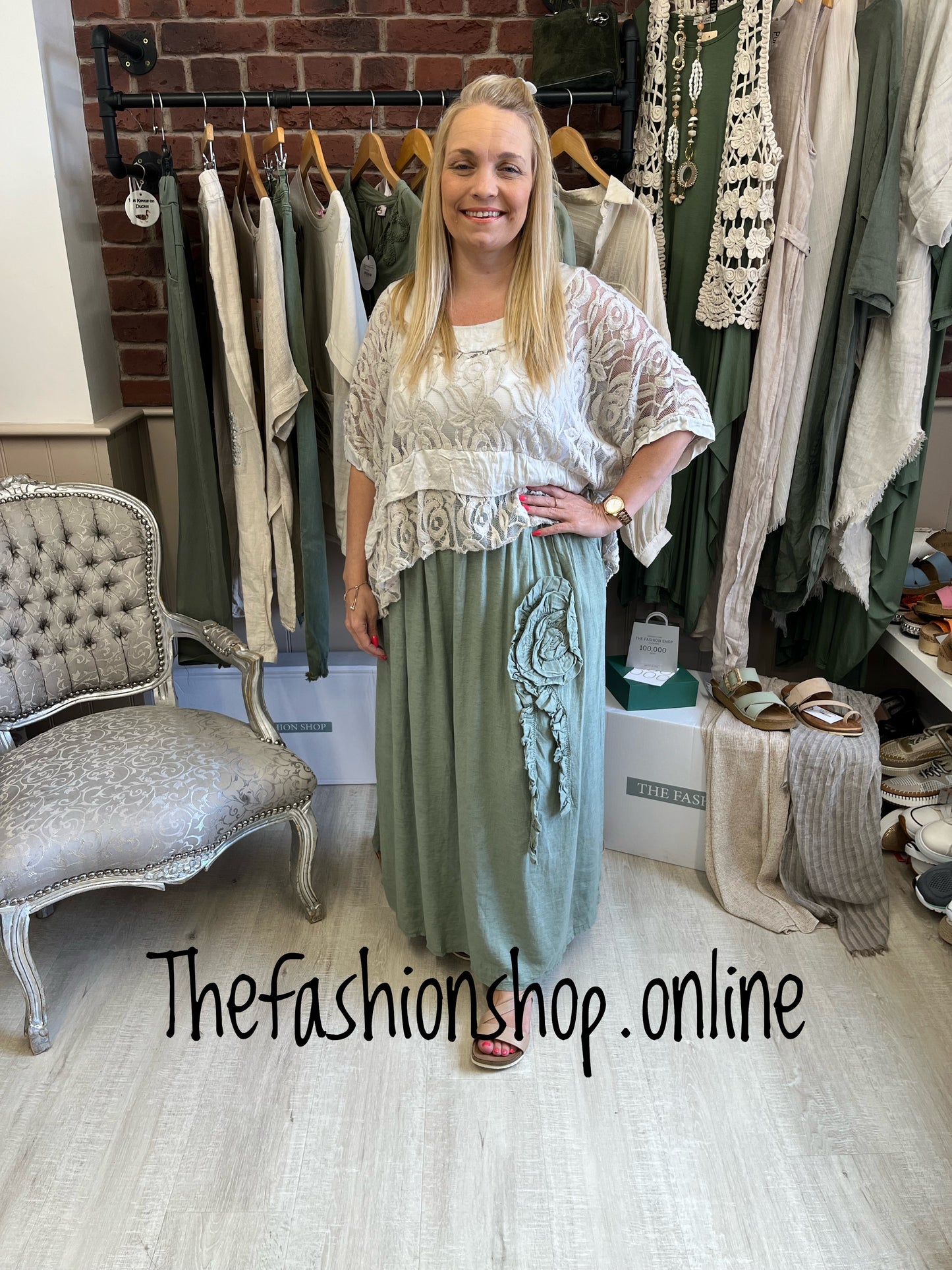 Khaki linen mix rosette skirt 10-20