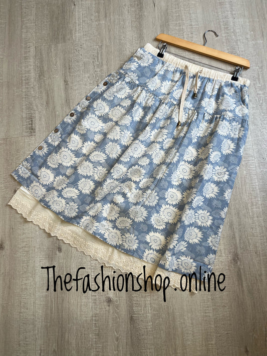 Denim blue and cream floral linen mix skirt sizes 8-12