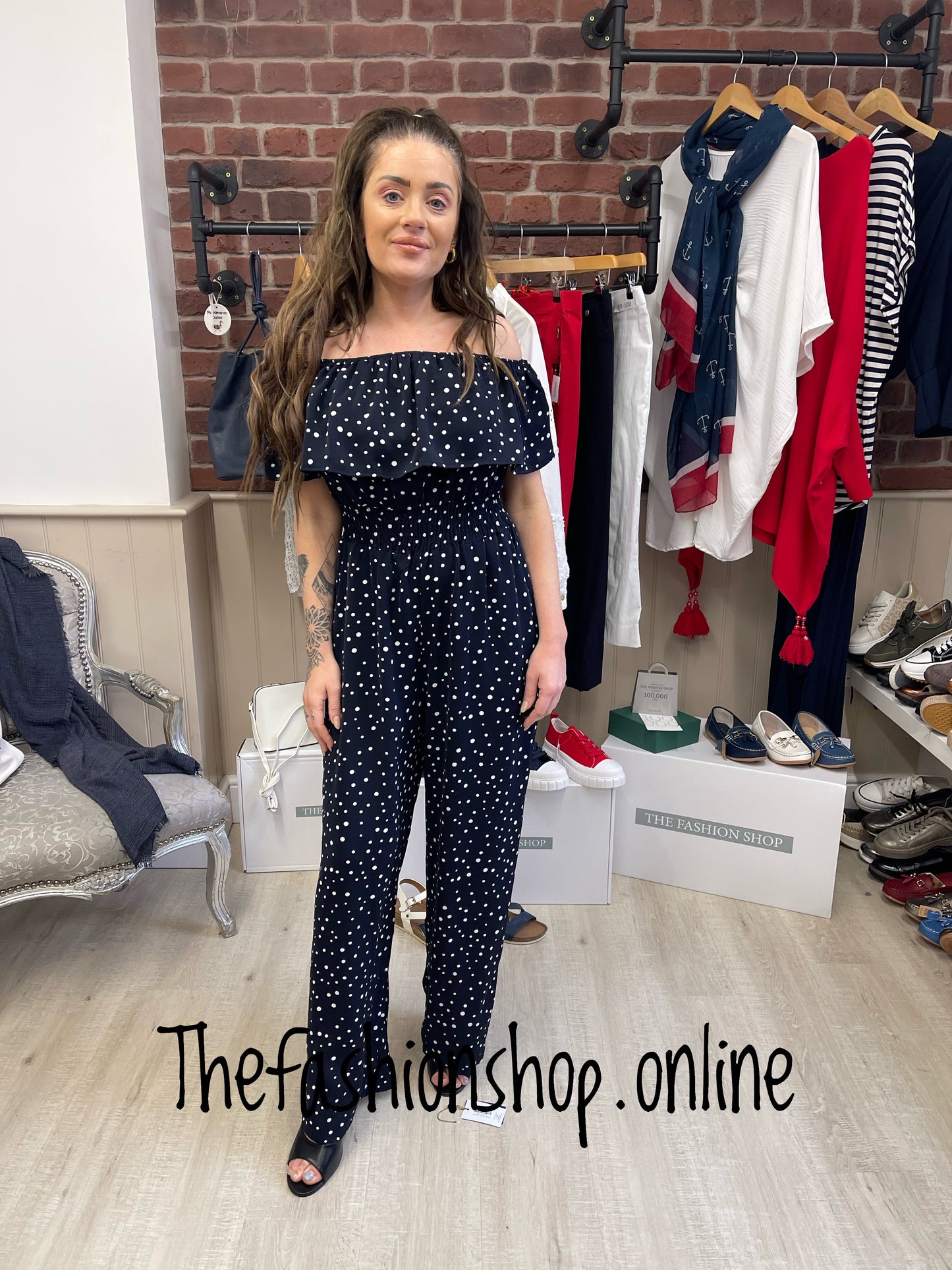 AX Paris navy polka dot bardot jumpsuit sizes 8-16