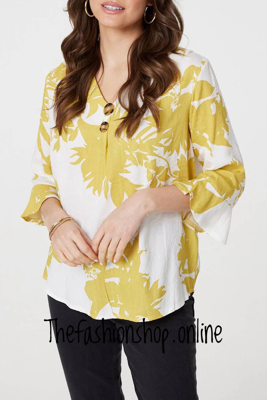 Stella Morgan yellow floral print tulip sleeve blouse sizes 8,10,12,14,16