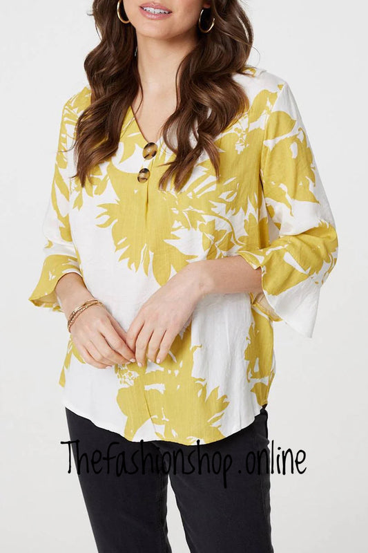 Stella Morgan yellow floral print tulip sleeve blouse sizes 8,10,12,14,16