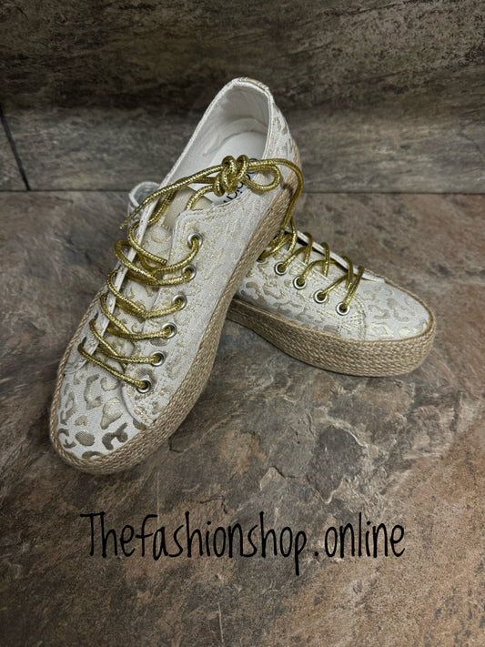 Gold leopard print platform espadrille sizes 3-8