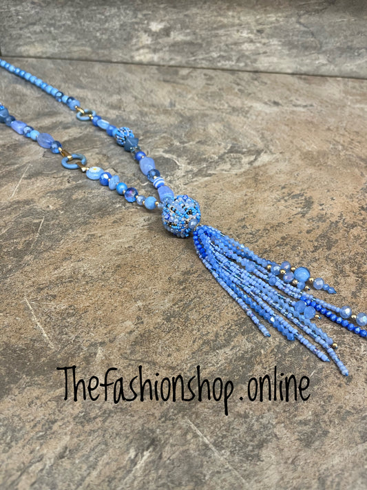 Blue and gold sparkle long necklace