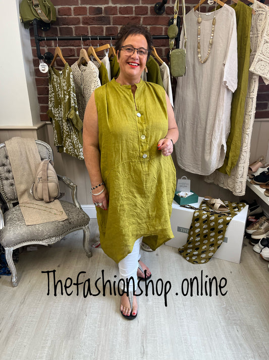 Olive linen high low tunic dress 16-22