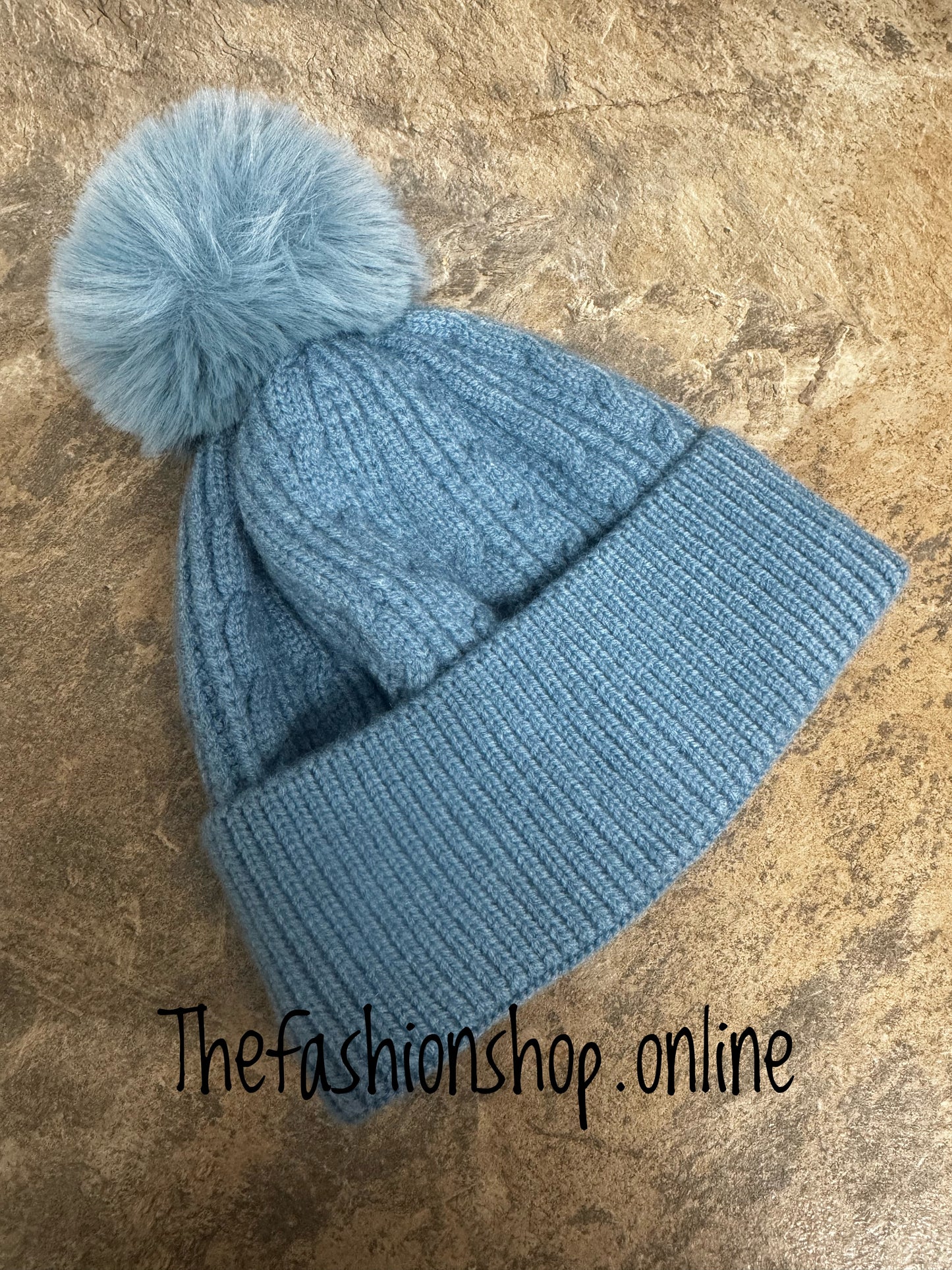 Cornflower blue fine cable knit pompom hat