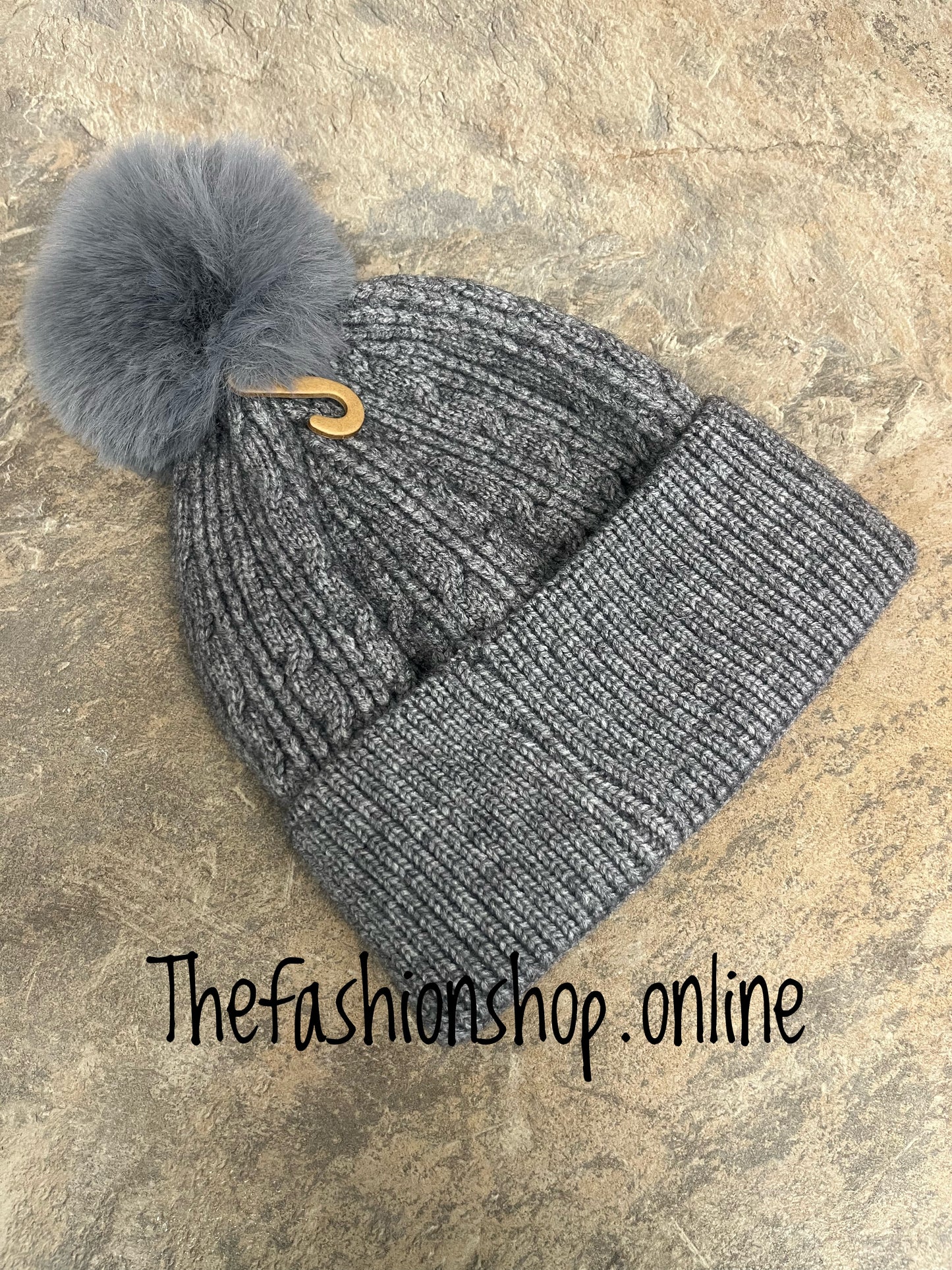 Charcoal fine cable knit pompom hat