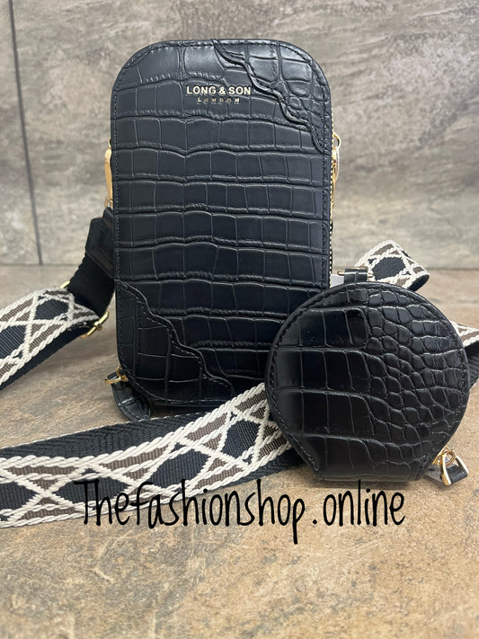 Black mock croc shoulder bag with purse