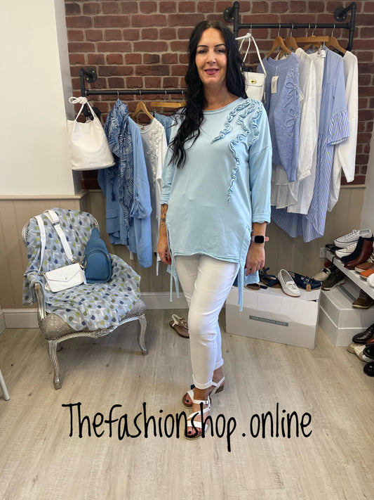 Light blue ruffle side split top 12-18