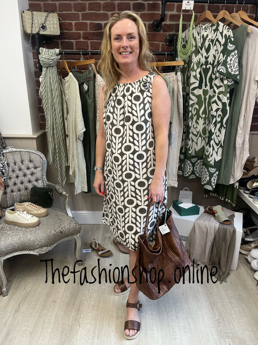 Khaki and Cream Retro sleeveless dress 12-16