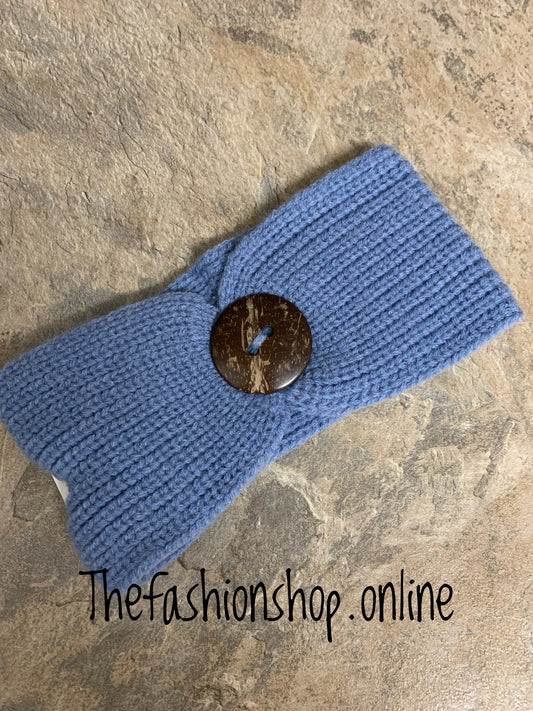 Denim blue button knitted headband