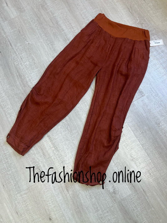 Rust linen Super Belle trousers 10-18
