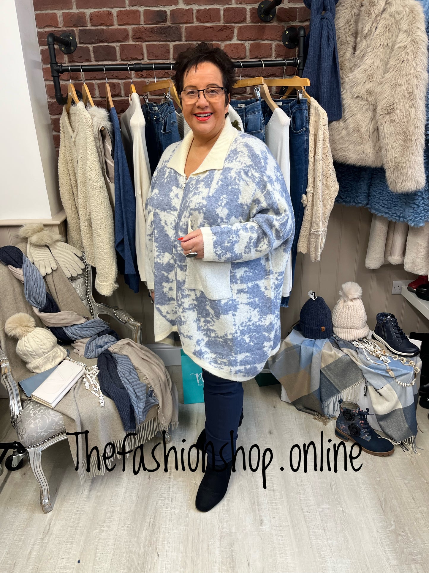 Sarah Tempest blue and cream high low patterned jacket with zip 12-24