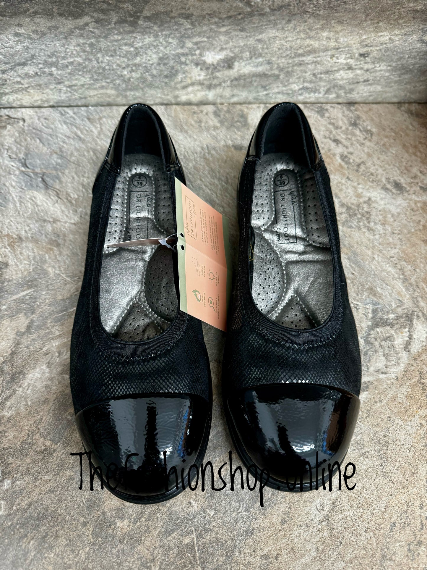 Dr Lightfoot Black Wide E Fit Patent Shoe sizes 3-8