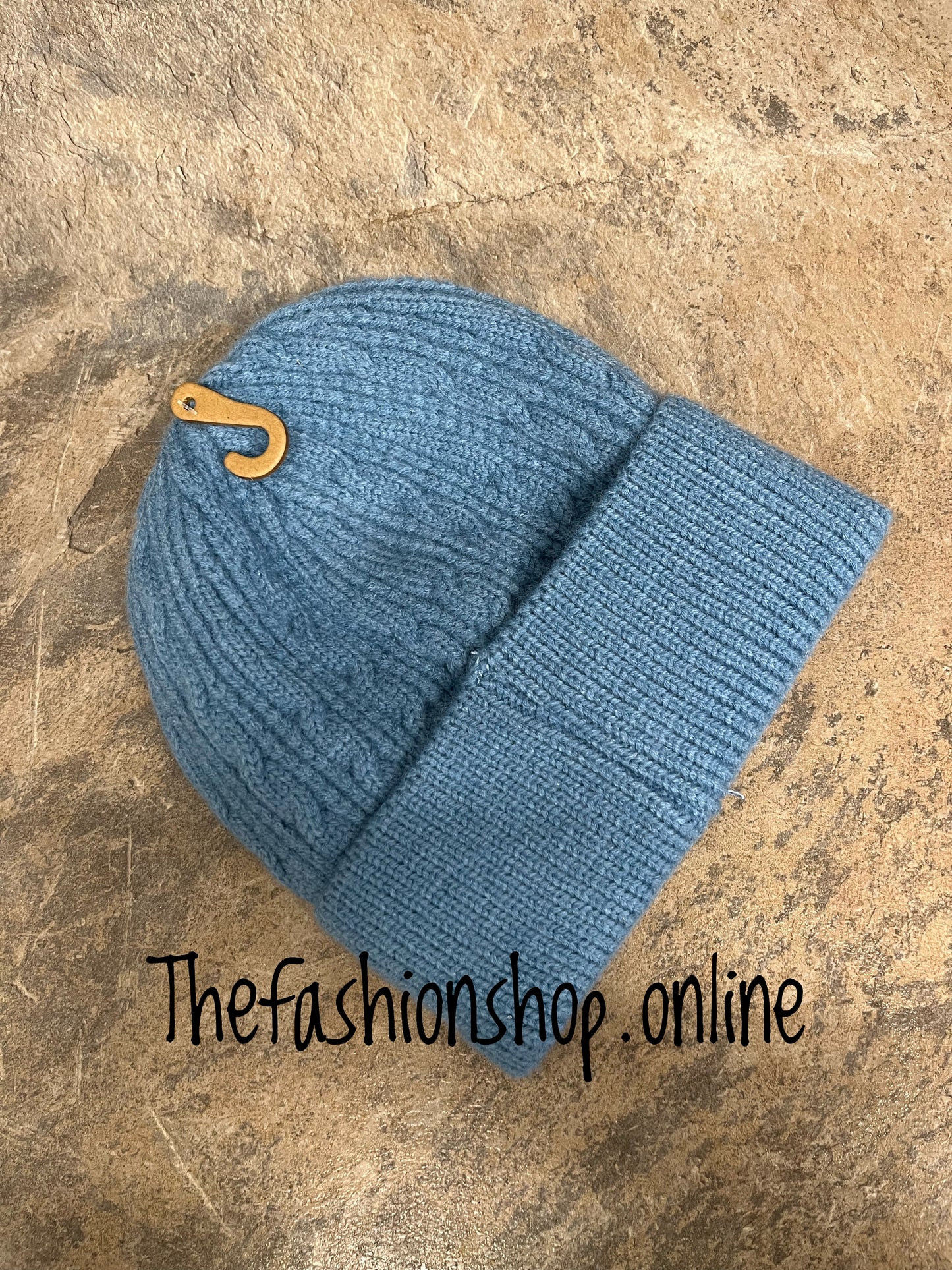 Cornflower blue fine cable knit beanie hat