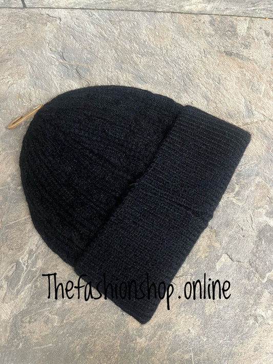 Black fine cable knit beanie hat