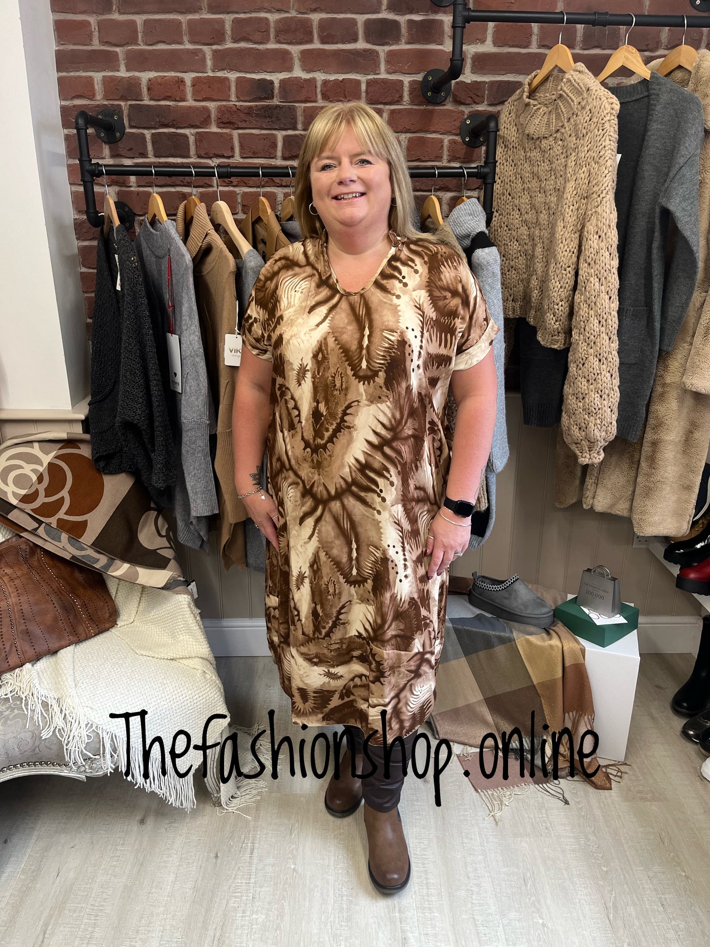 Brown tie dye high low tunic dress 16-22