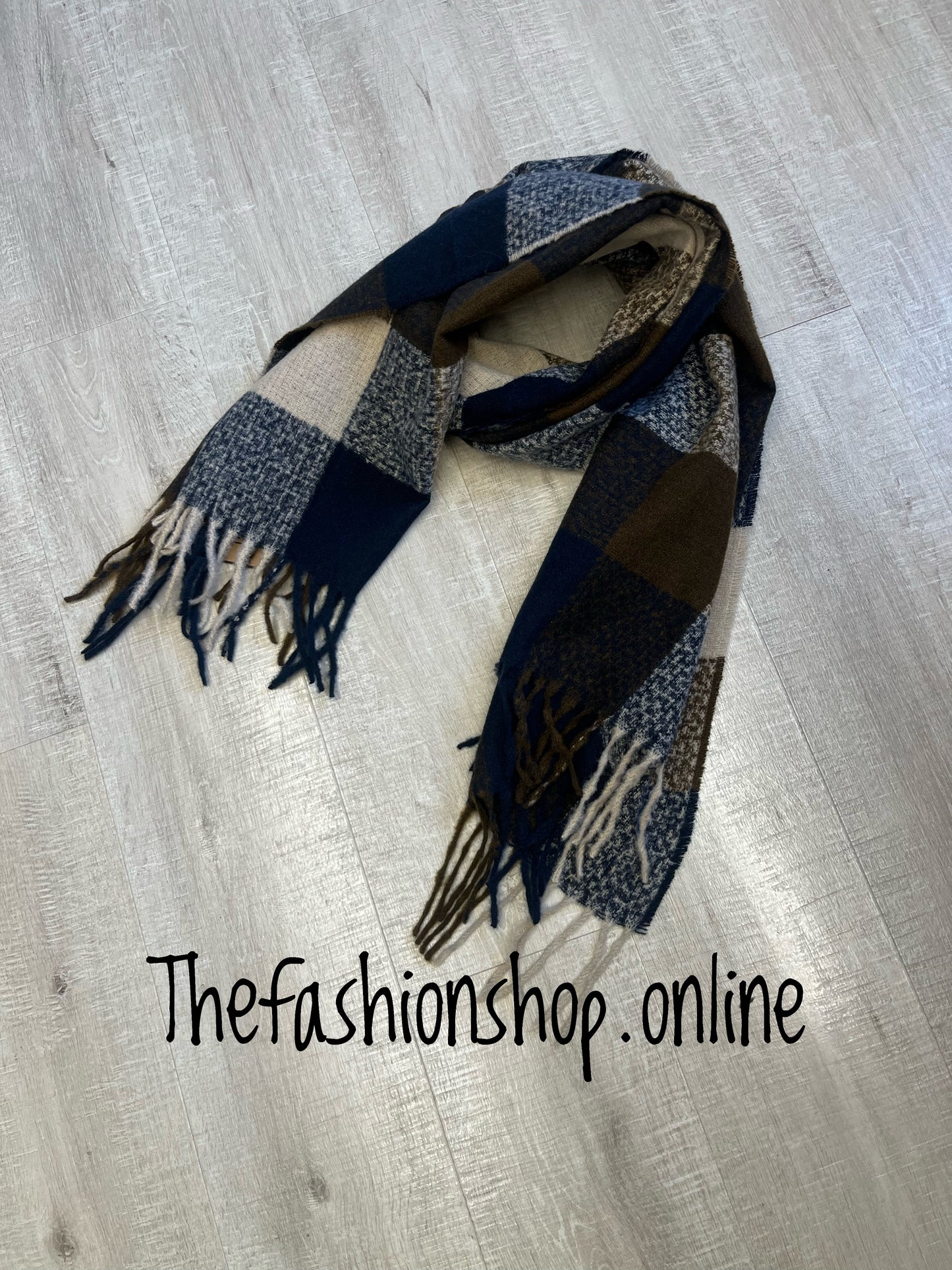 Navy and brown checked tassle scarf