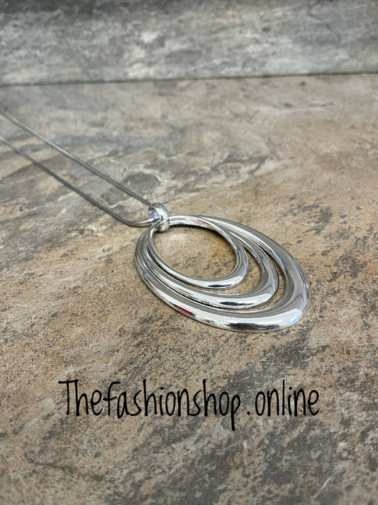 Silver large oval pendant necklace