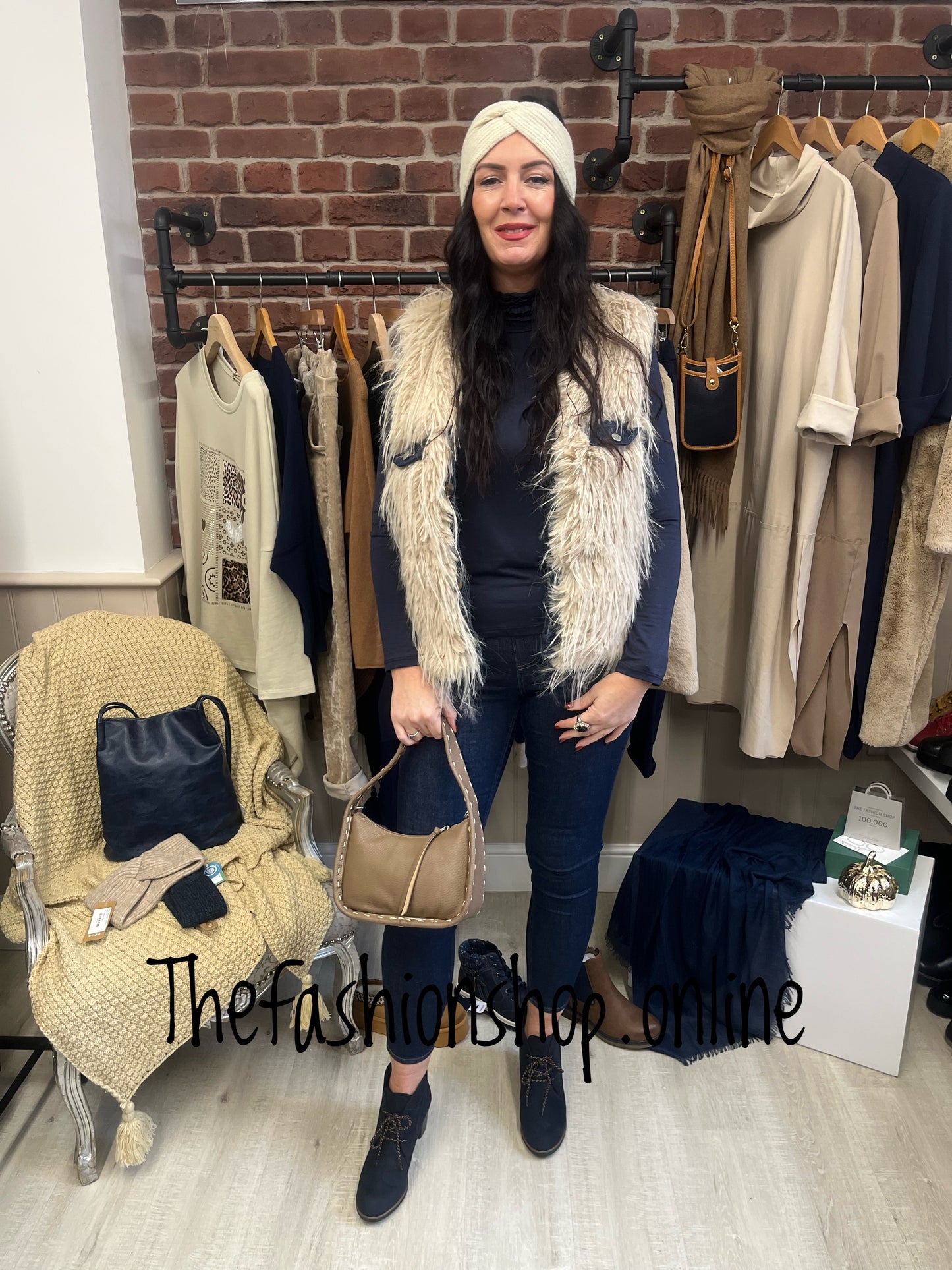 Sarah Tempest shaggy gilet with denim detail 8-14