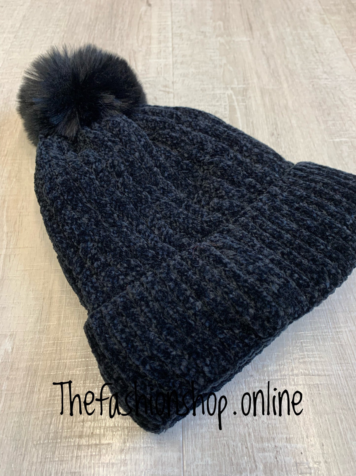 Black chenille fleece lined pompom hat