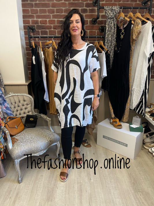 Black and white linen abstract tunic 12-18