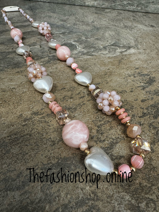 Pink and pearl hearts chunky cluster necklace