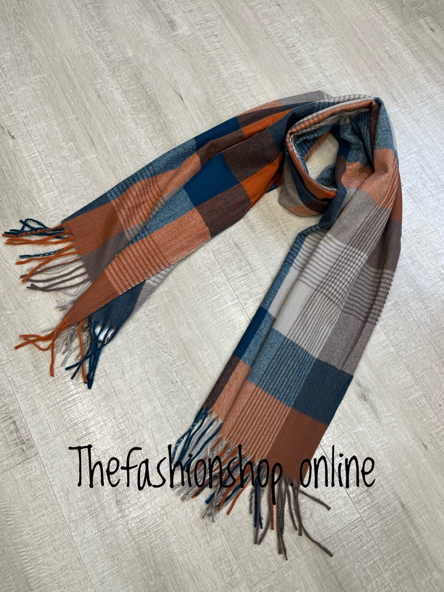 Mocha Teal and rust checked wool mix scarf