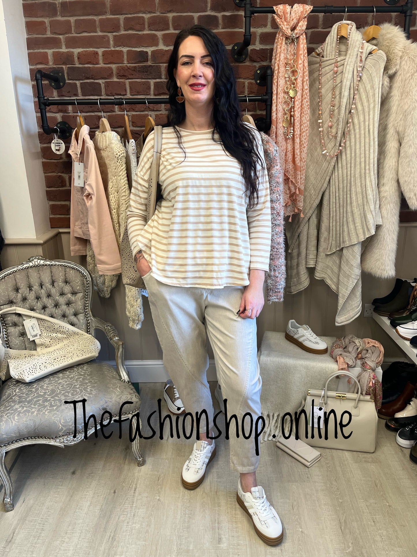 Yvette camel and beige striped top 10-16