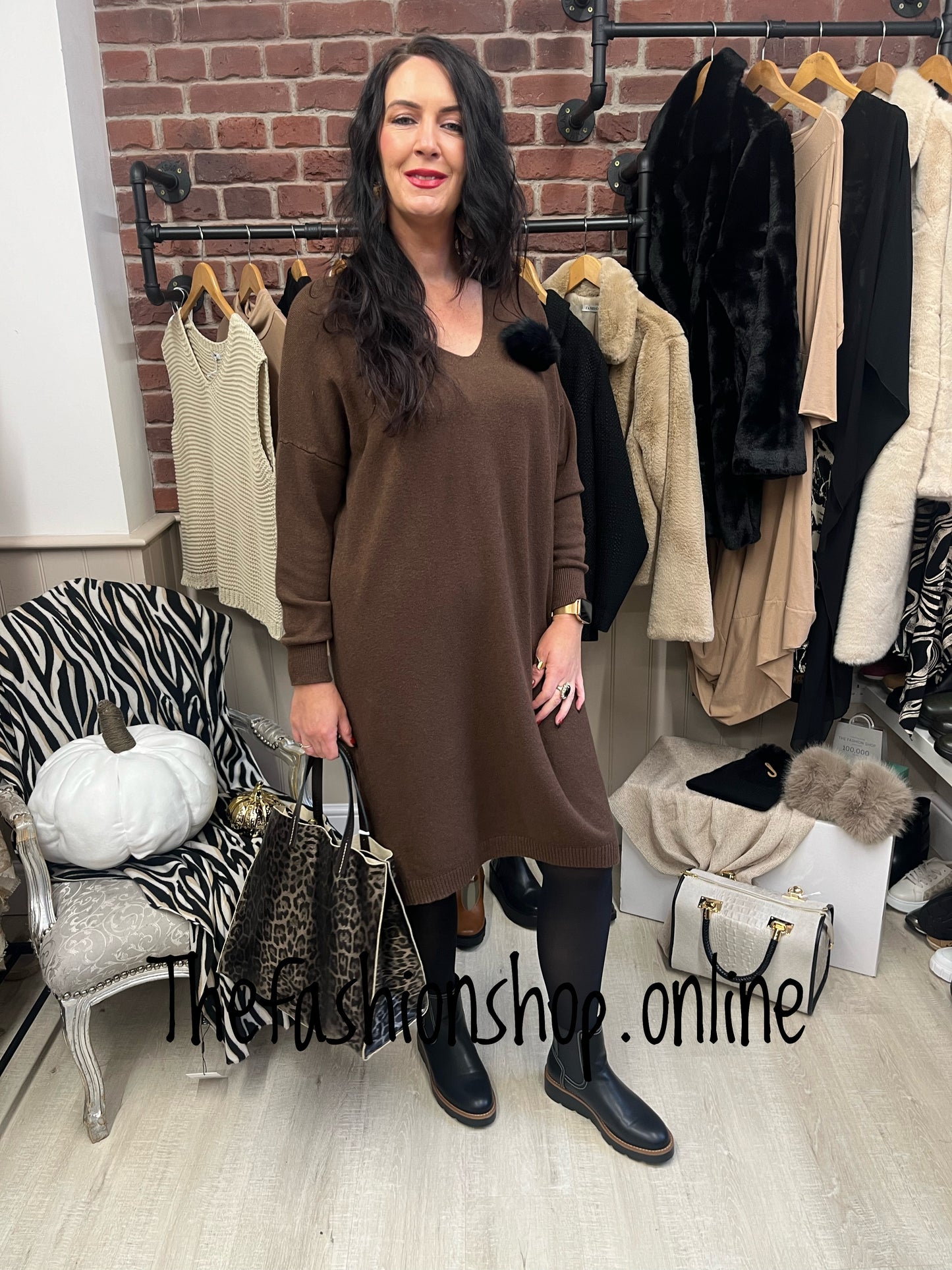 Brown jumper dress with pompom brooch 14-20