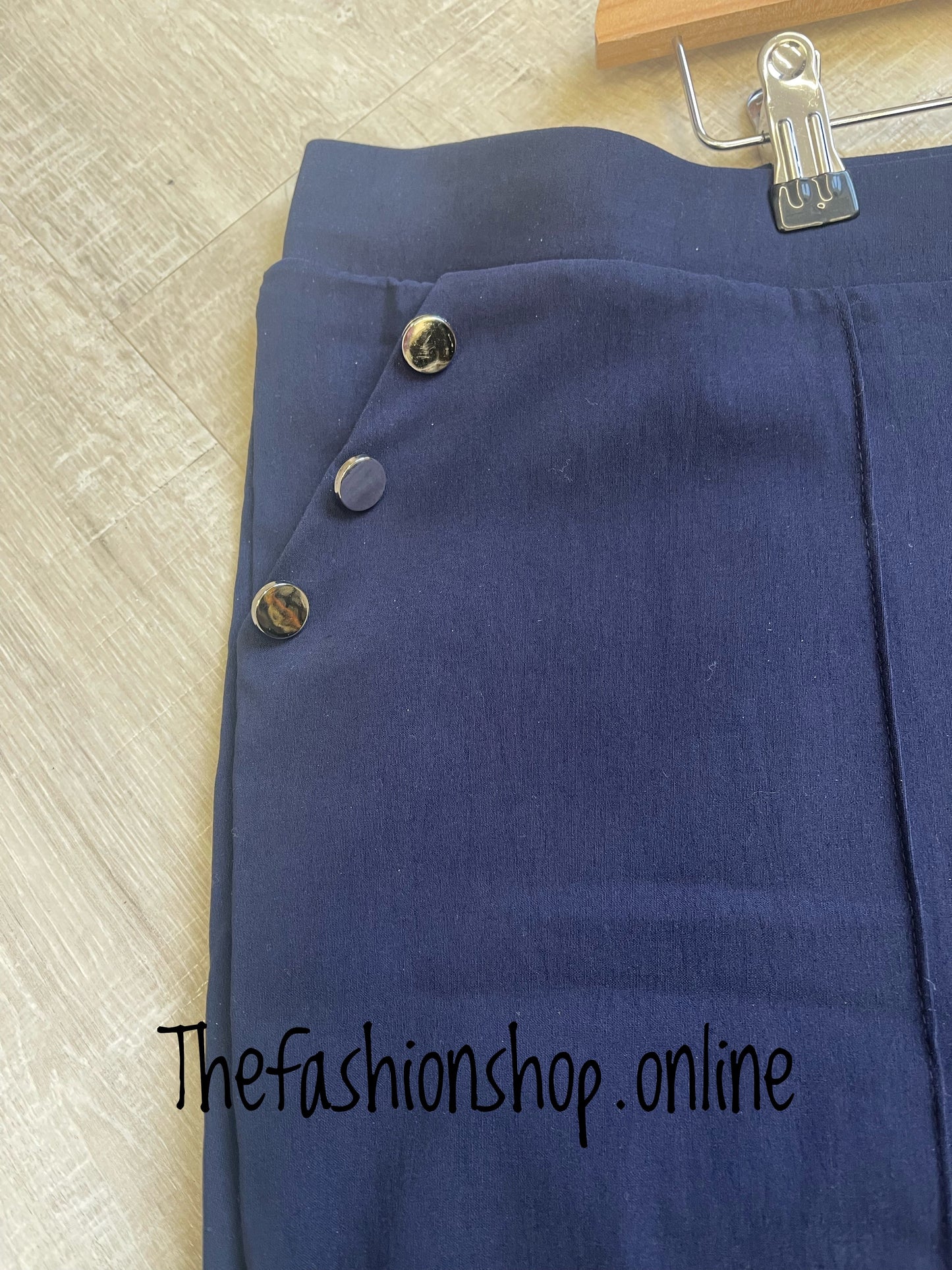 Navy stretchy sized trousers with button detail sizes 10-22