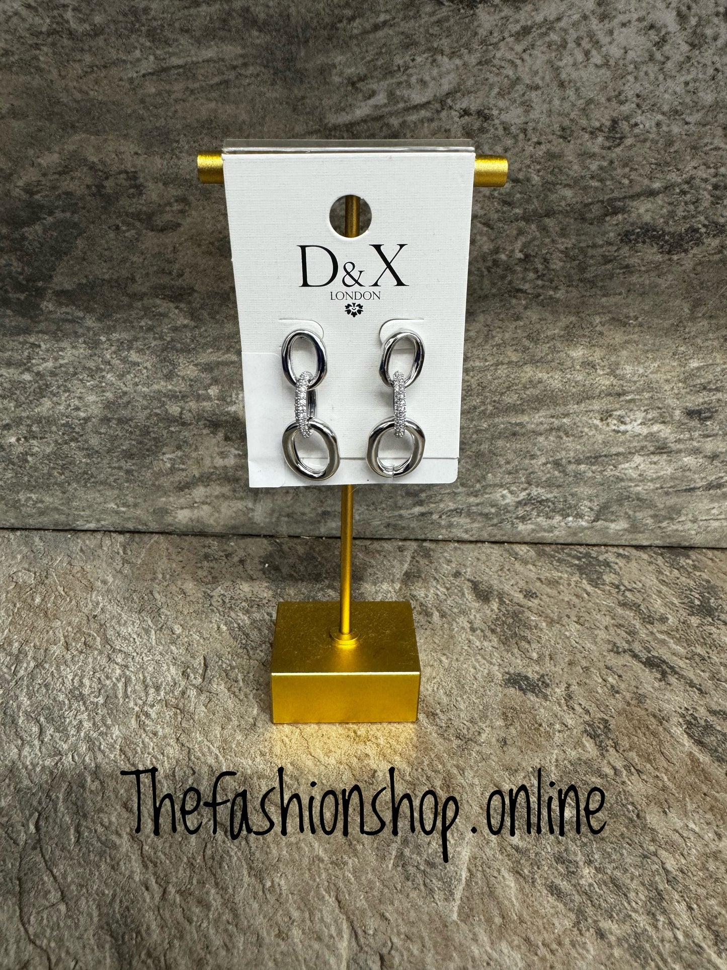 D&X White gold plated chain link earrings with cubic zirconia