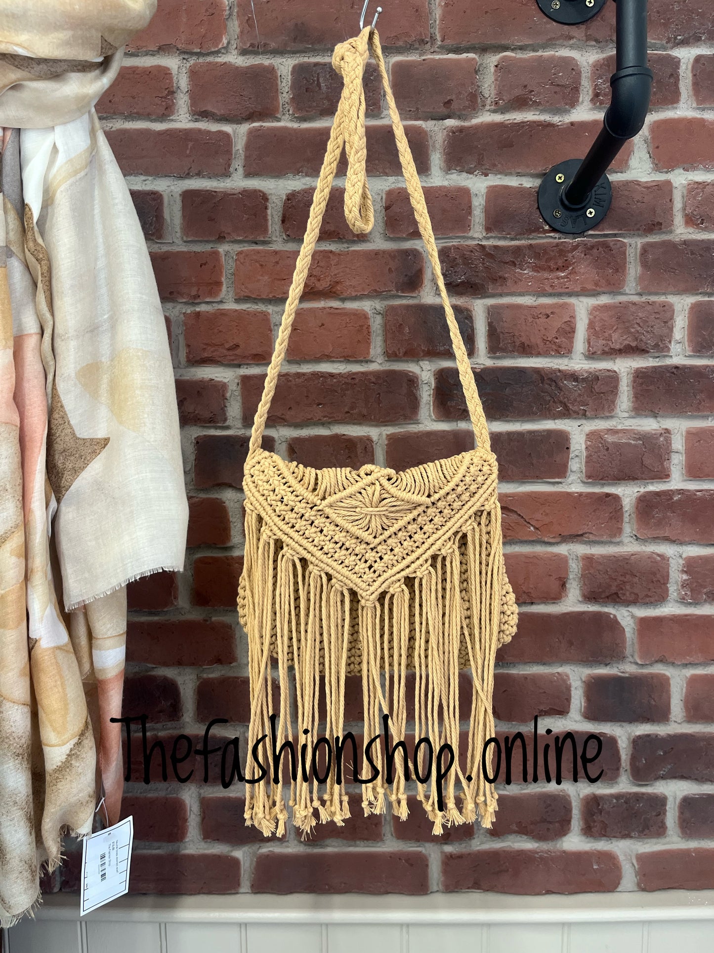 Beige macrame tassel shoulder bag