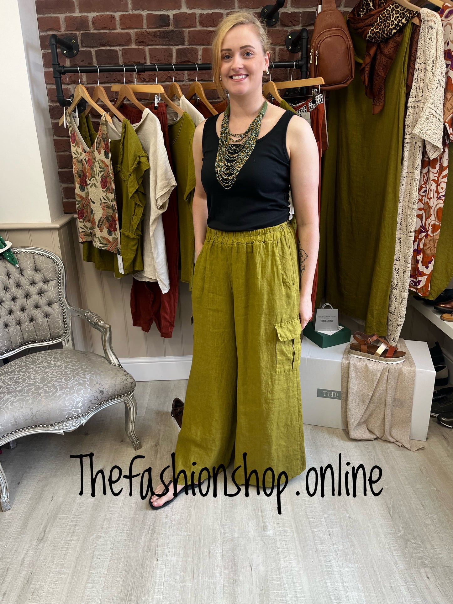 Olive linen wide leg combat trousers 10-16