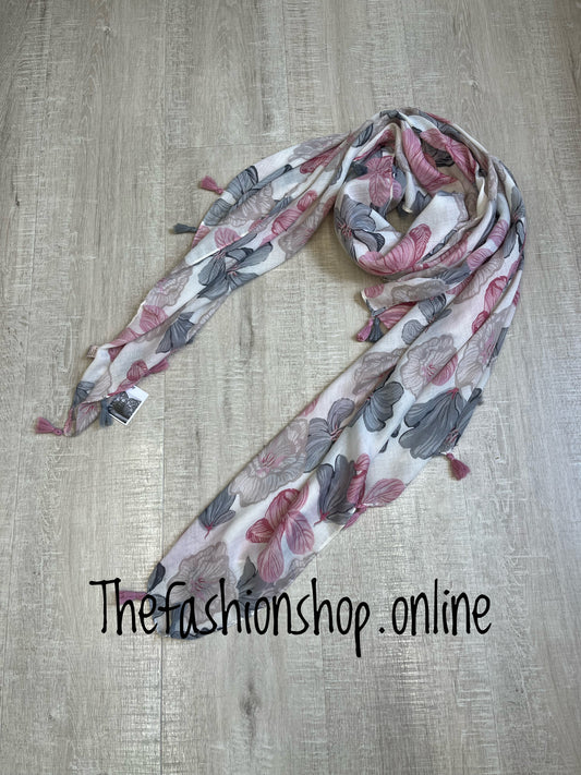 Pink and grey floral tassel scarf